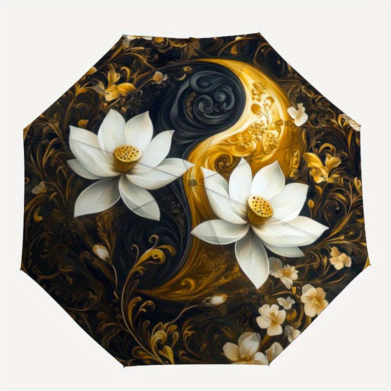 Elegant Floral & Yin-Yang Design Automatic Folding Umbrella, 8-Rib Durable Frame, for Outdoor Use - Ideal Holiday Gift, Outdoo
