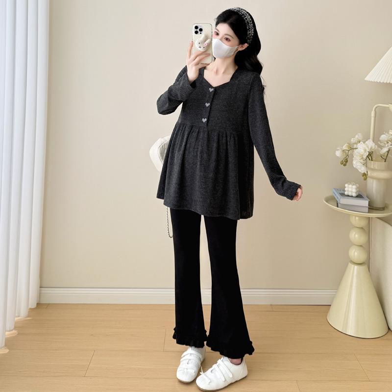 2025 Autumn Korean Fashion Square Neck Embroidered Heart Maternity Top 2XL