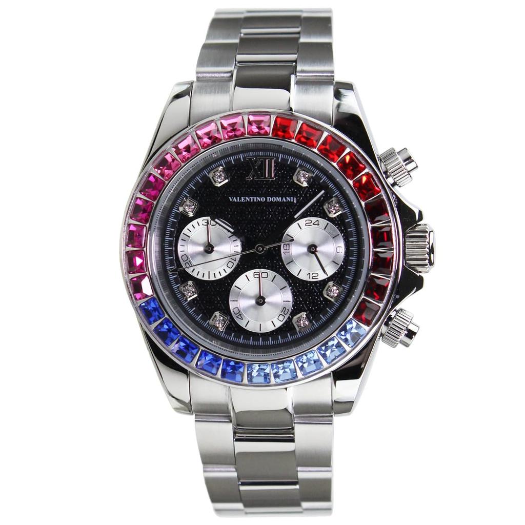 VALENTINO DOMANI Watch with Black and Zirconia Bezel Men's Zirconia, Silver, Face, (VD006MSB)