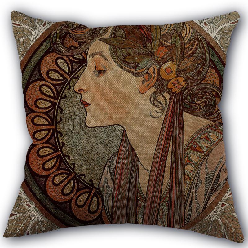 Custom Alphonse Mucha Art Pillowcase Cotton Linen Fabric Square Zipper Pillowcase 45X45 Wedding Decorative Pillow Cover