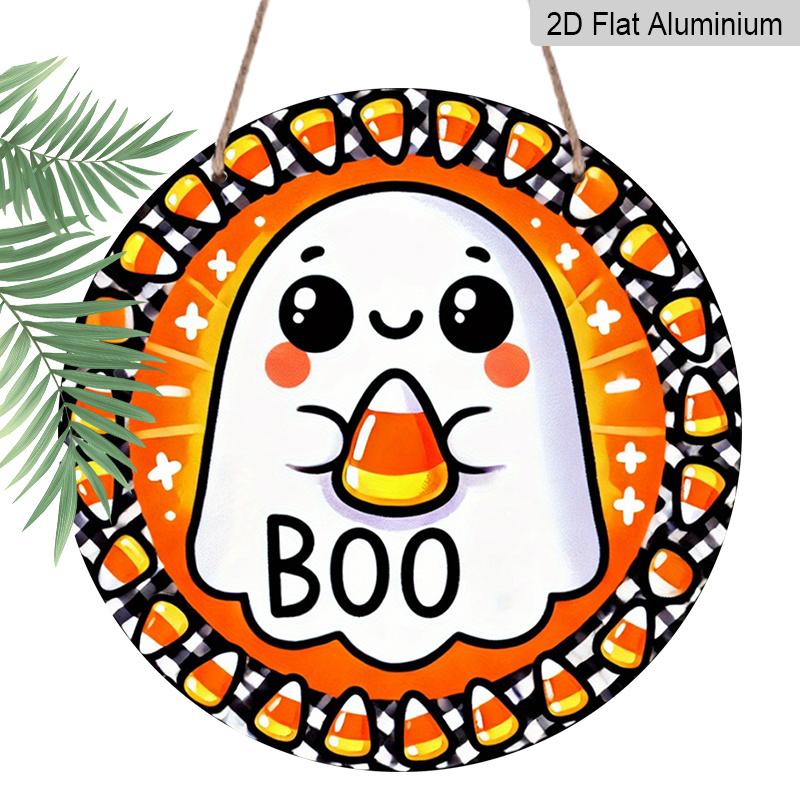 2D Flat, 1pc Round Aluminum Hanging Sign, Halloween Candy Corn Round Sign - Spooky "BOO" Decor for Home, Kitchen, Garage, Garden, Yard, And Office