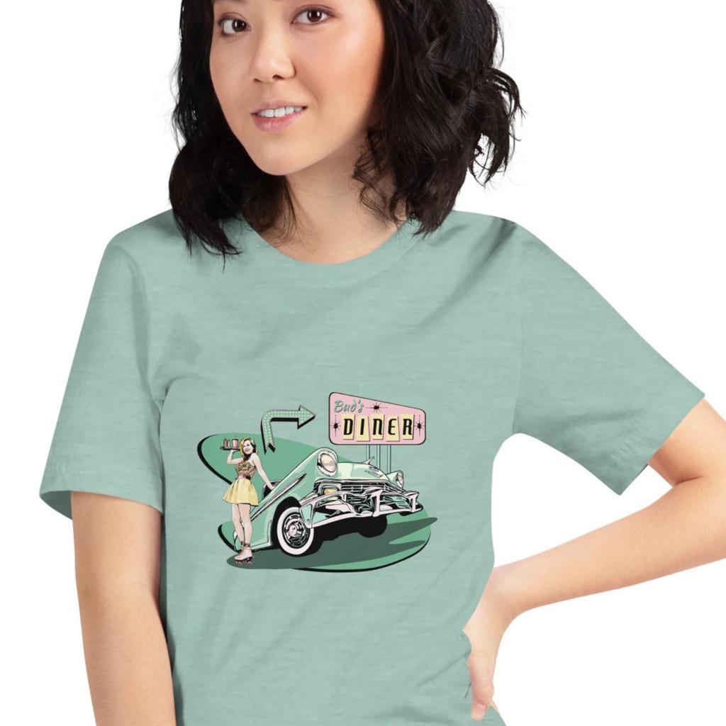 50's Diner Roller Skating Waitress Unisex T-shirt 56 Chevy - Pink/green version