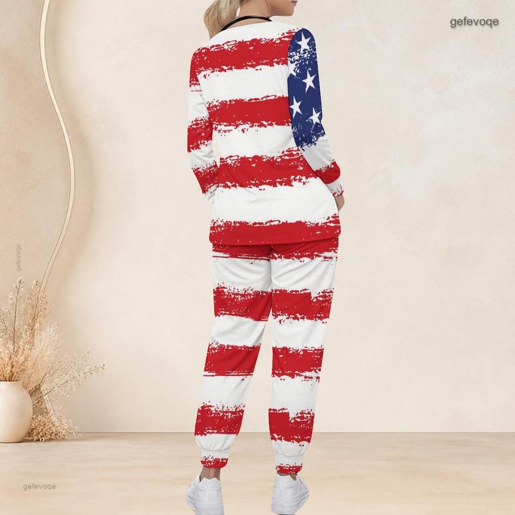Women Plus Size Scrub Set V Neck Long Sleeve American Flag Printed Top And Long Pants With Pockets