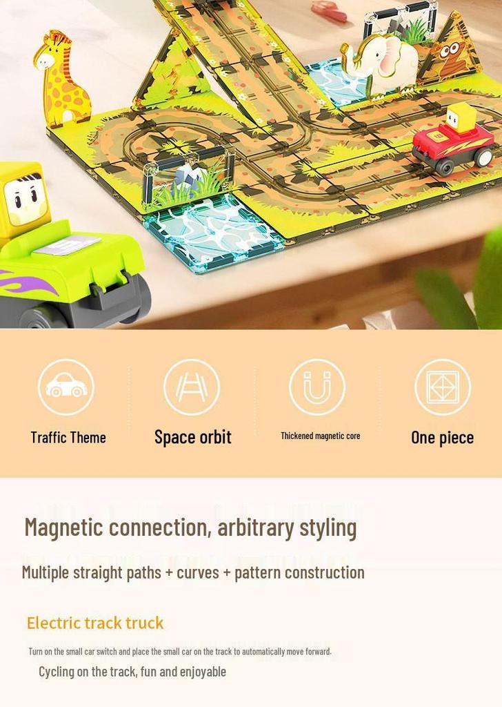 Magnetic Building Blocks & Electric Track Car City Set: Stained Glass Educational Toy for Kids