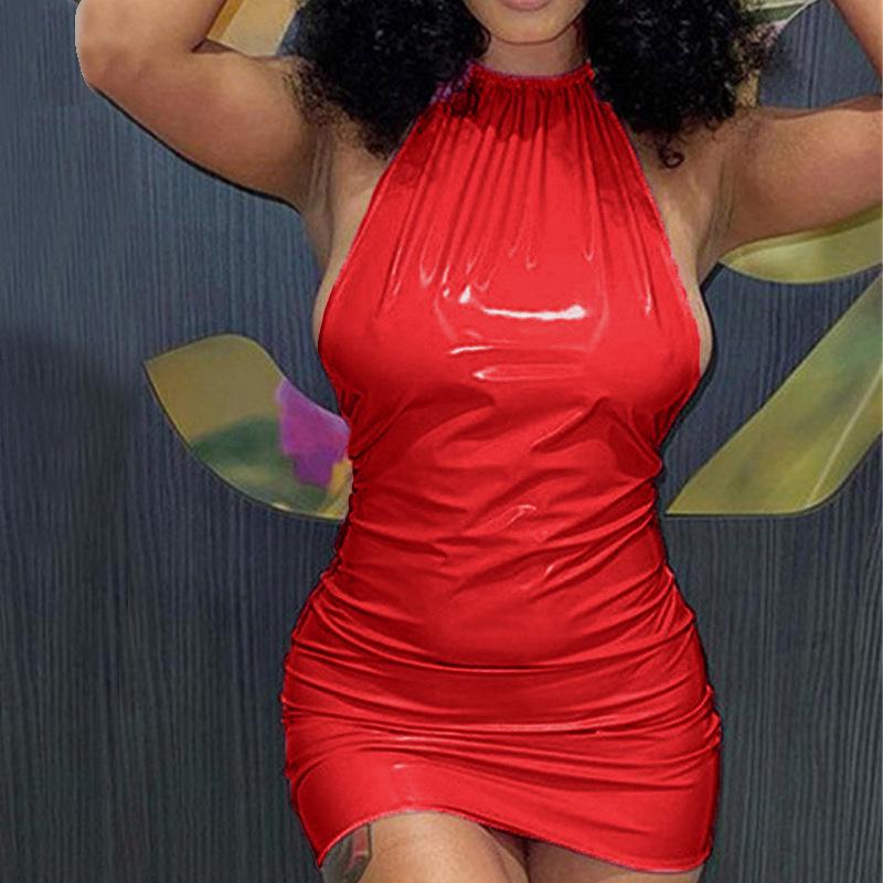 Summer Candy Color Faux Leather Halter Mini Dress: Sexy Backless Bodycon