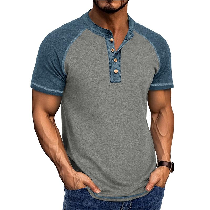 Men's Summer Short Sleeve T-Shirt Fashion Patchwork Henry Collar Button Casual Tees Tops