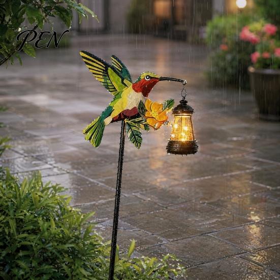Solar Garden Lights Kingfisher Stake Light, Metal Bird Yard Art with Hanging Lantern, Auto-On Powered Outdoor Decor LED Waterproof Patio Decoration
