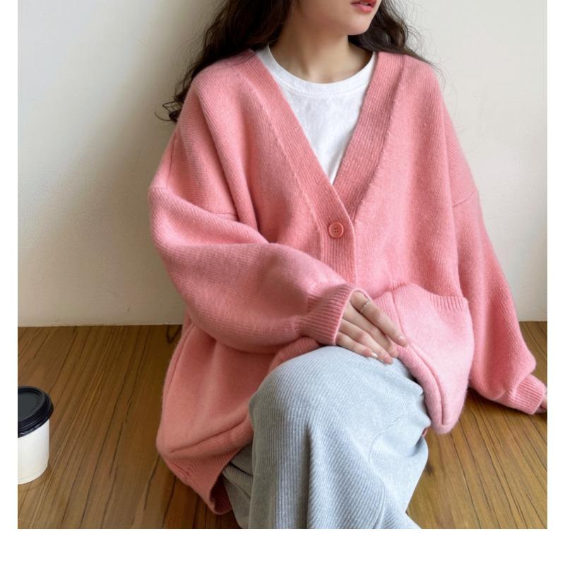 Solid Color Milk Style Autumn and Winter Sweater Cardigan Women's New Lazy Style Loose V-neck Gentle Knitted Coat Top