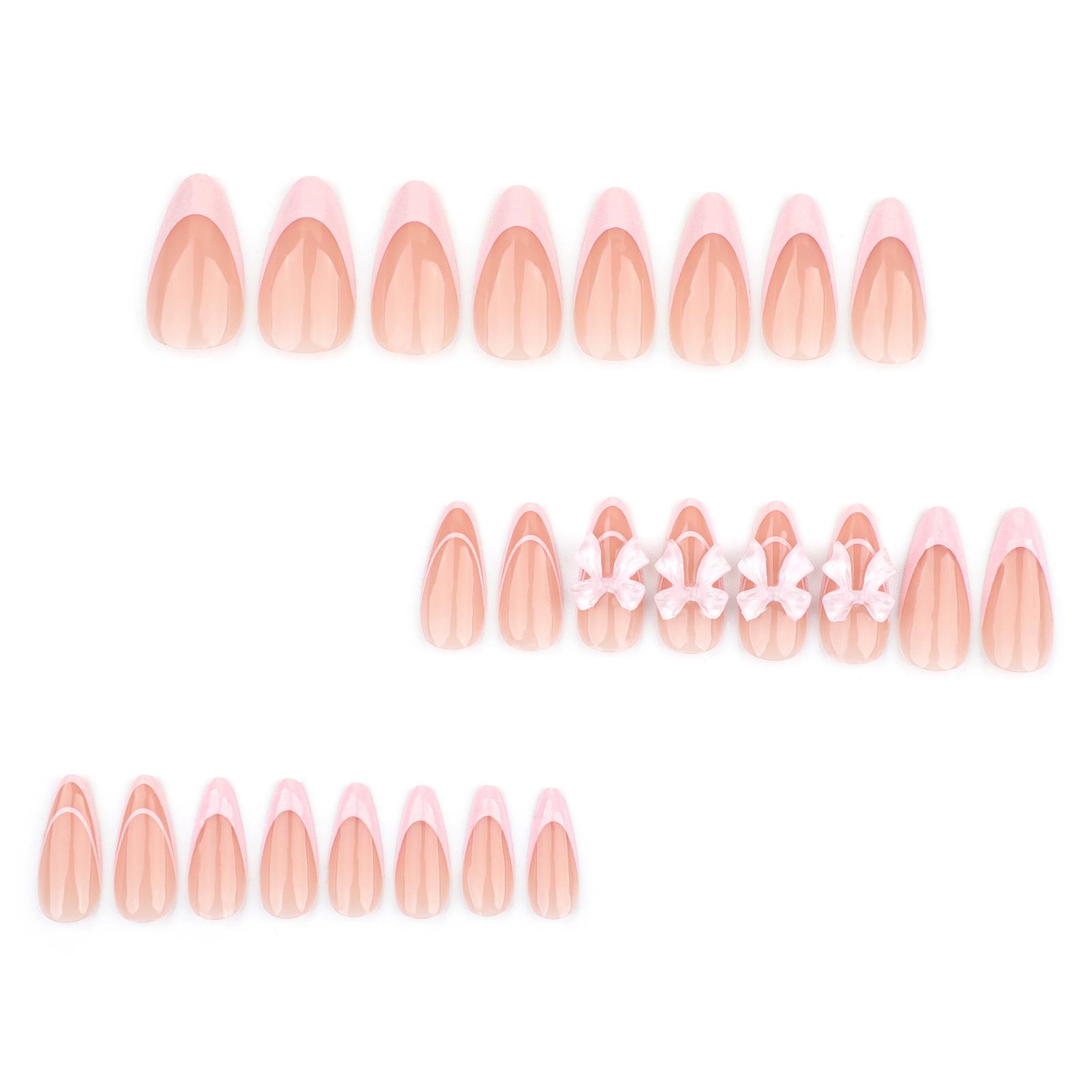 24Pcs French Pink Ice Butterfly Bow Fake Nails for Women A