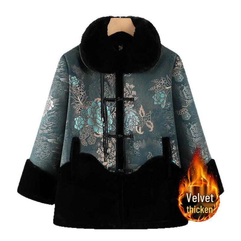 Chic New Chinese Style Faux Fur Fleece Jacket for Elderly Women