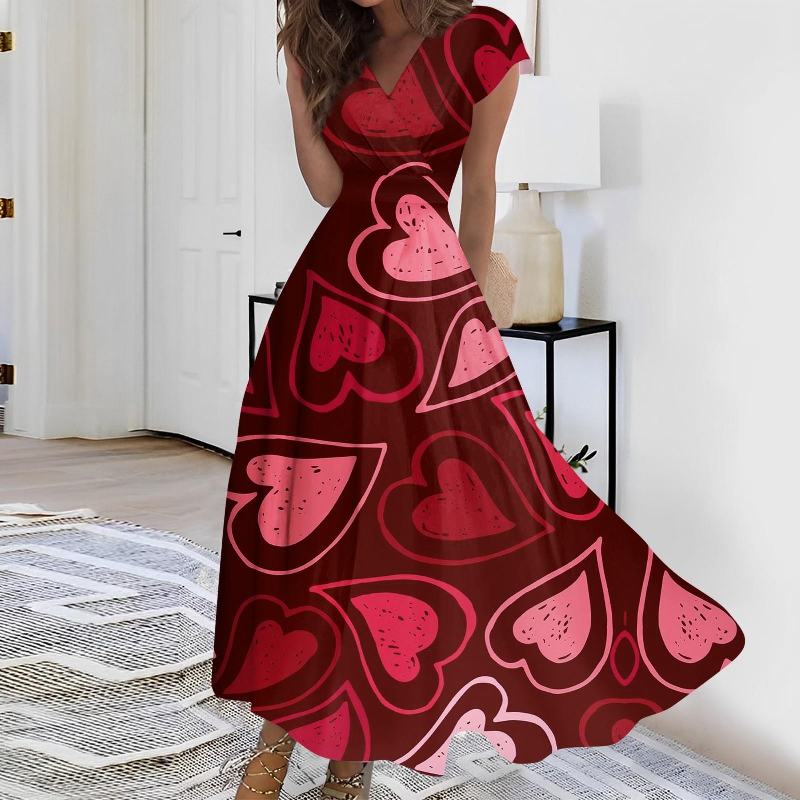 

Жіноча довга повсякденна сукня, весна-літо, з коротким рукавом, V-подібним вирізом і талією, принтована сукня XL винний