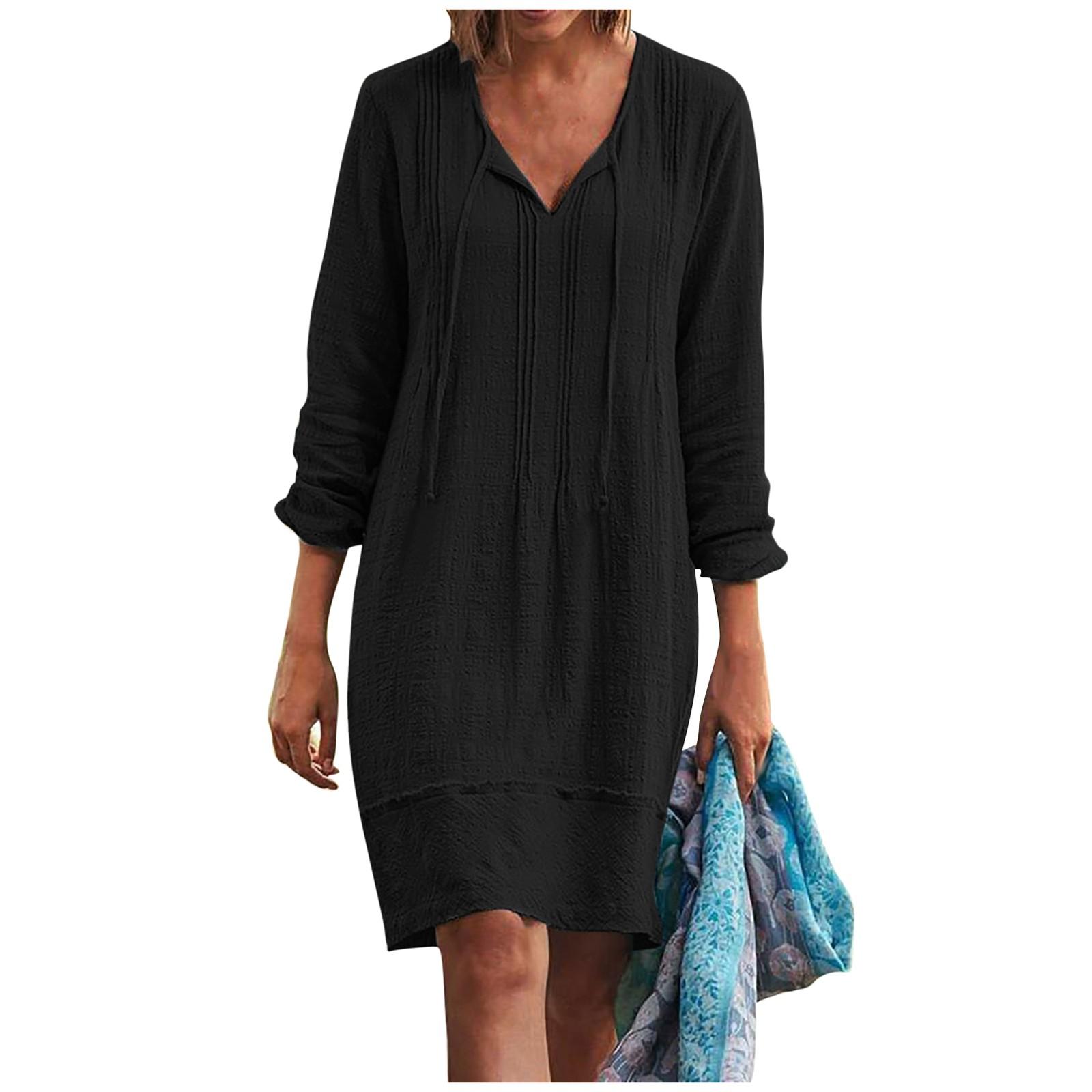 Женские повседневные свободные платья с V-образным вырезом и длинным рукавом на шнуровке — фото 3
