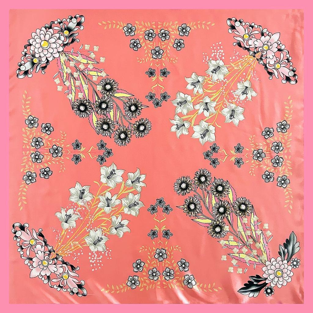 90*90cm Spring & Summer Elegant Court Rose Flower Square Silk Scarf Foulard Hijabs For Ladies