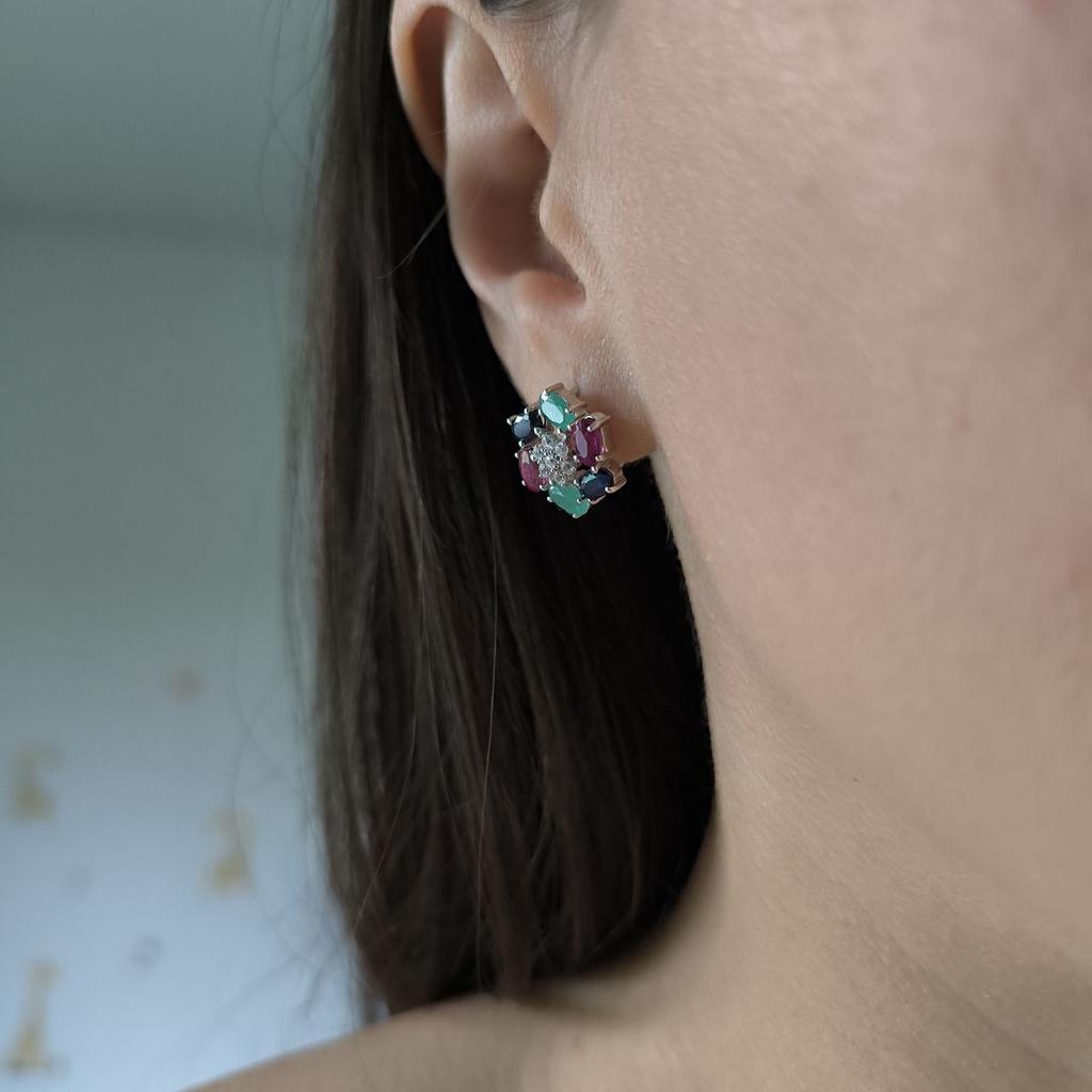 Серебряные серьги с натуральным сапфиром 3.567ct, рубином, изумрудом (2191124)