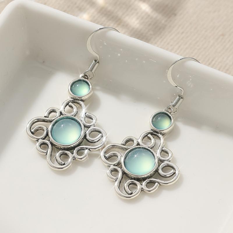 

Ethnic Copper Color Green Stone Dangle Earrings Woman Geometry Hollow Party Daily Wear