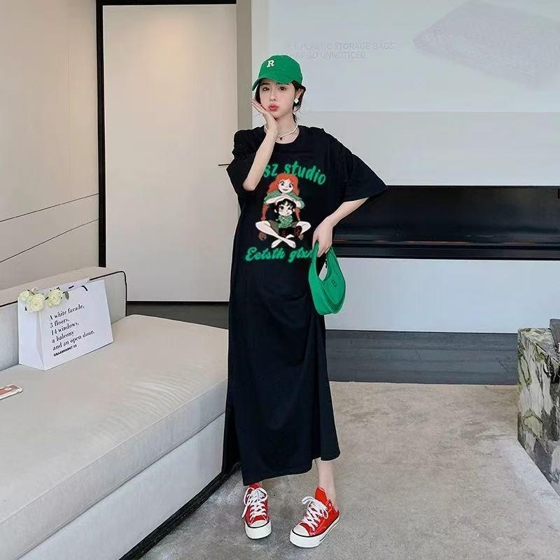 Weit geschnittenes Damen-T-Shirt-Kleid mit Rundhalsausschnitt und kurzen Ärmeln in großer Größe, langes lässiges Kleid, knielanges Nachthemd