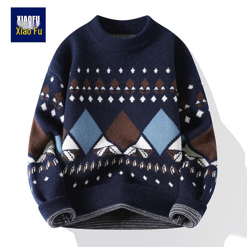 Men s Retro Argyle Round Neck Pullover Sweater 3XL