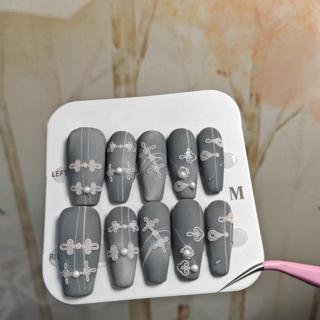 

Искусственные ногти ручной работы, глазированные, пыльно-серые, в китайском стиле, с пуговицами, алмазные ногти для фототерапии, накладные ногти, многоразовые и съемные ногти S