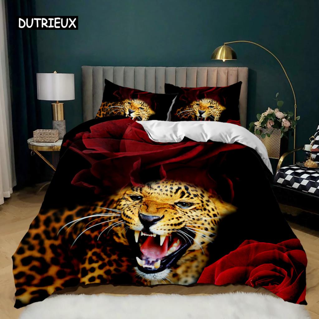 Tiger Duvet Cover Set Red Rose Flower Comforter Cover Boys African Safari Wild Animals Big Cat Queen King Polyester Qulit Cover