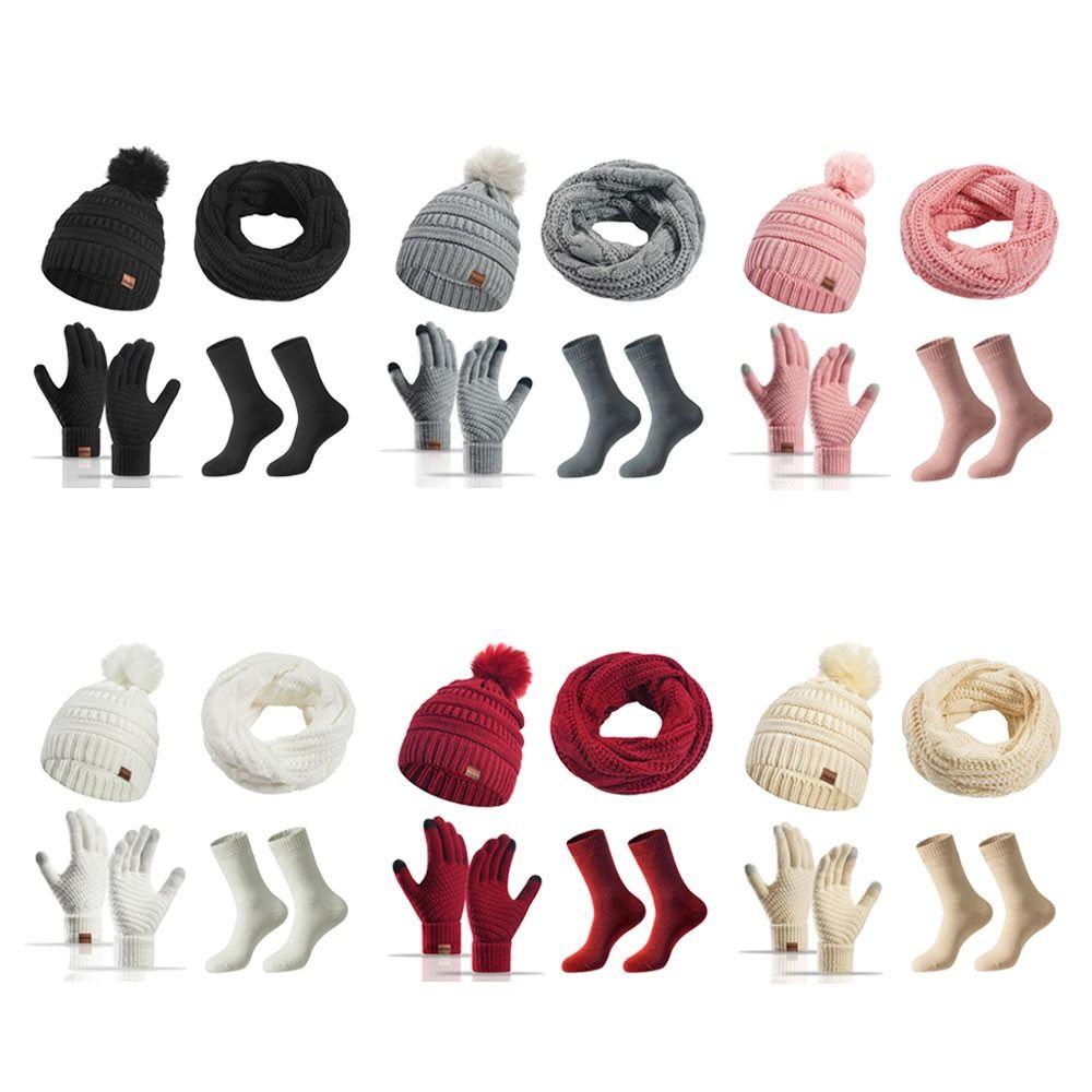 4Pcs/Set Ear Protection Women Hats Scarf Gloves Socks Set Soft Winter Warm Mitten  Outdoor