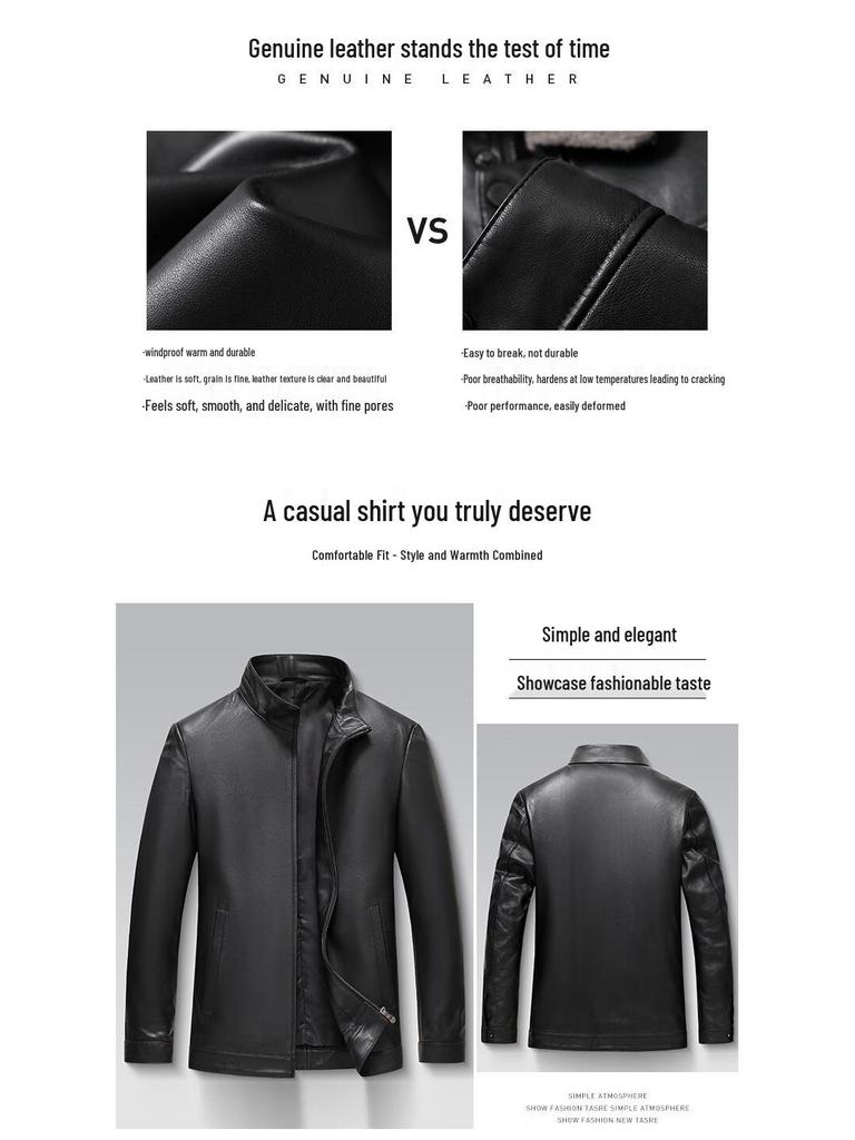 Luomeng Men's Genuine Sheepskin Stand Collar Leather Jacket