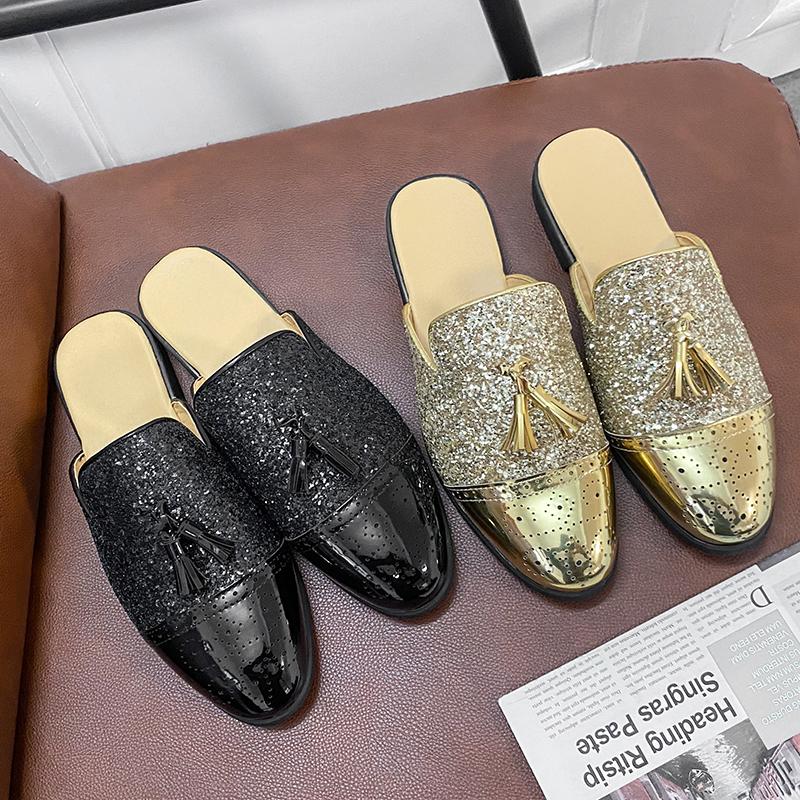 Fashion 2024 New Luxury Designer Men's Casual Bling Leather Loafers Italian for Men Half Shoes Mules Male Black Slides Business Slippers