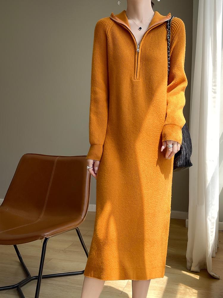 Women's Loose Casual Knitted Woolen Dress - Autumn/Winter 2024, Over-the-Knee, Half-Zip Lapel.