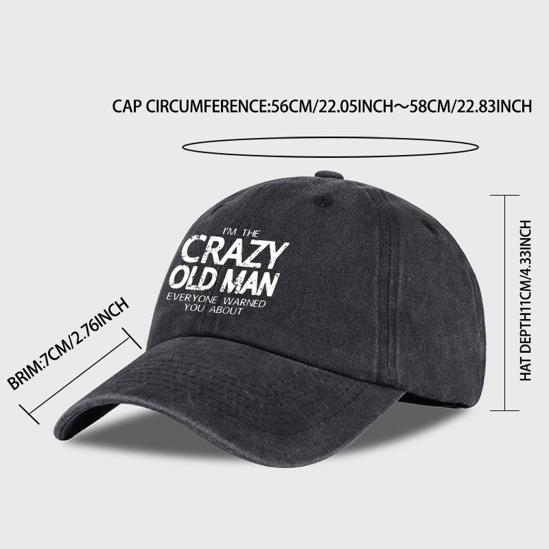 Funny "Crazy Old Man" Print Washed Baseball Cap Adjustable Unisex Grandpa Casual Sun Hat