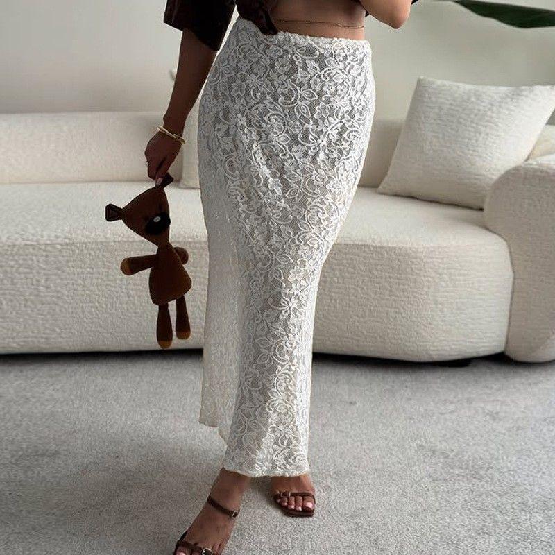 

Cross-Border 2025 New Western Style Skirt Fishtail Lace Slightly Transparent with Lining Long dress Temperament Lace Skirt White L