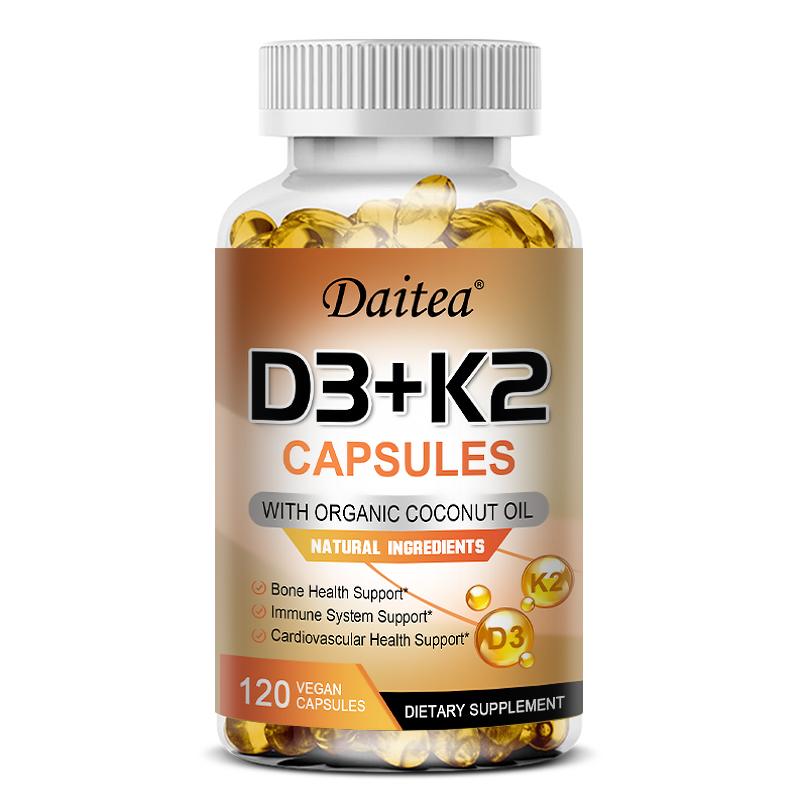 Vitamin D3 5000 IE + K2 MK-7 Kapseln mit Bio-Kokosöl, Vegan, GVO-frei, Glutenfrei, 120 Kapseln
