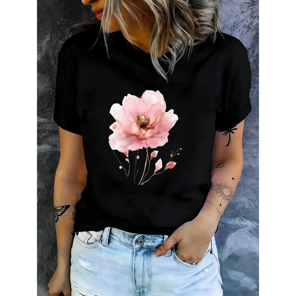 One-piece women's round-neck trendy printed T-shirt for spring/summer, comfortable short-sleeved, suitable for outdoor wear,
