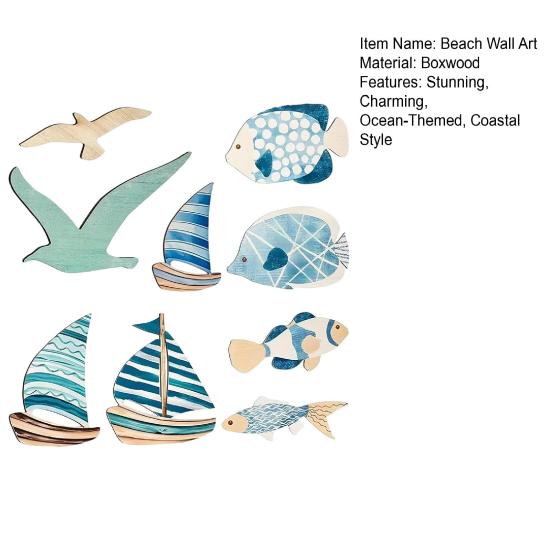 9 Pcs Beach Wooden Wall Decor Coastal Ocean Style Wall Art Rustic Fish Seagull Sailboat Hanging Sculpture for Lake House Home Bedroom