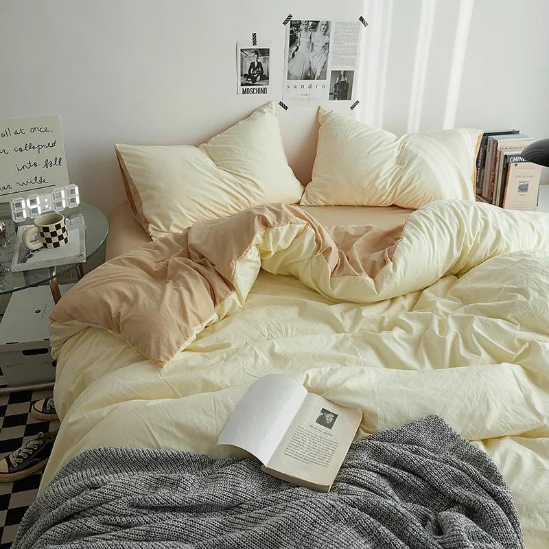 Fashion Solid Color Bed Sheet Style Duvet Cover Set Ab Double-Sided Color Matching Comfortable Sets Washed Cotton Bedding