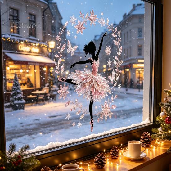 Living Room Glass Decor Christmas Ballet Girl Static Window Clings, Removable Xmas Decals, Winter Indoor Outdoor Art Ballerina Elf Stickers