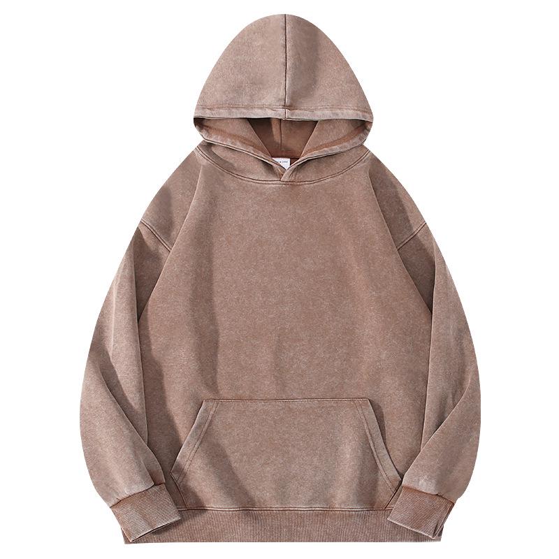 350g Vintage Washed Men's Hoodie - EU Size, Drop Shoulder, Solid Color, Thickened, Heavyweight