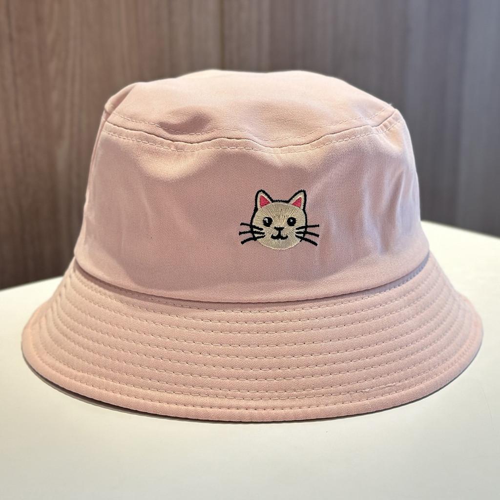 Cat Embroidered Cotton Fisherman Hat With Sun Protection For Casual Summer Wear