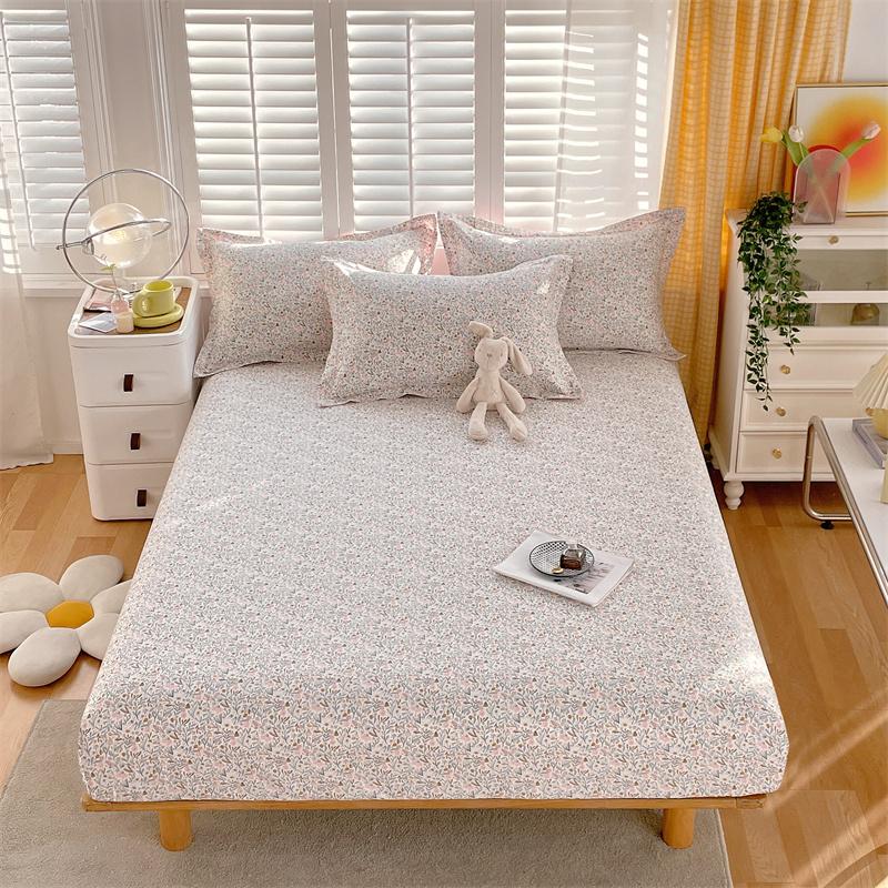 Blue White Floral Pattern Fitted Sheet Set Abstract Flowers Cotton Bedding Set Skin-friendly Non-slip Bedspread with Pillowcases