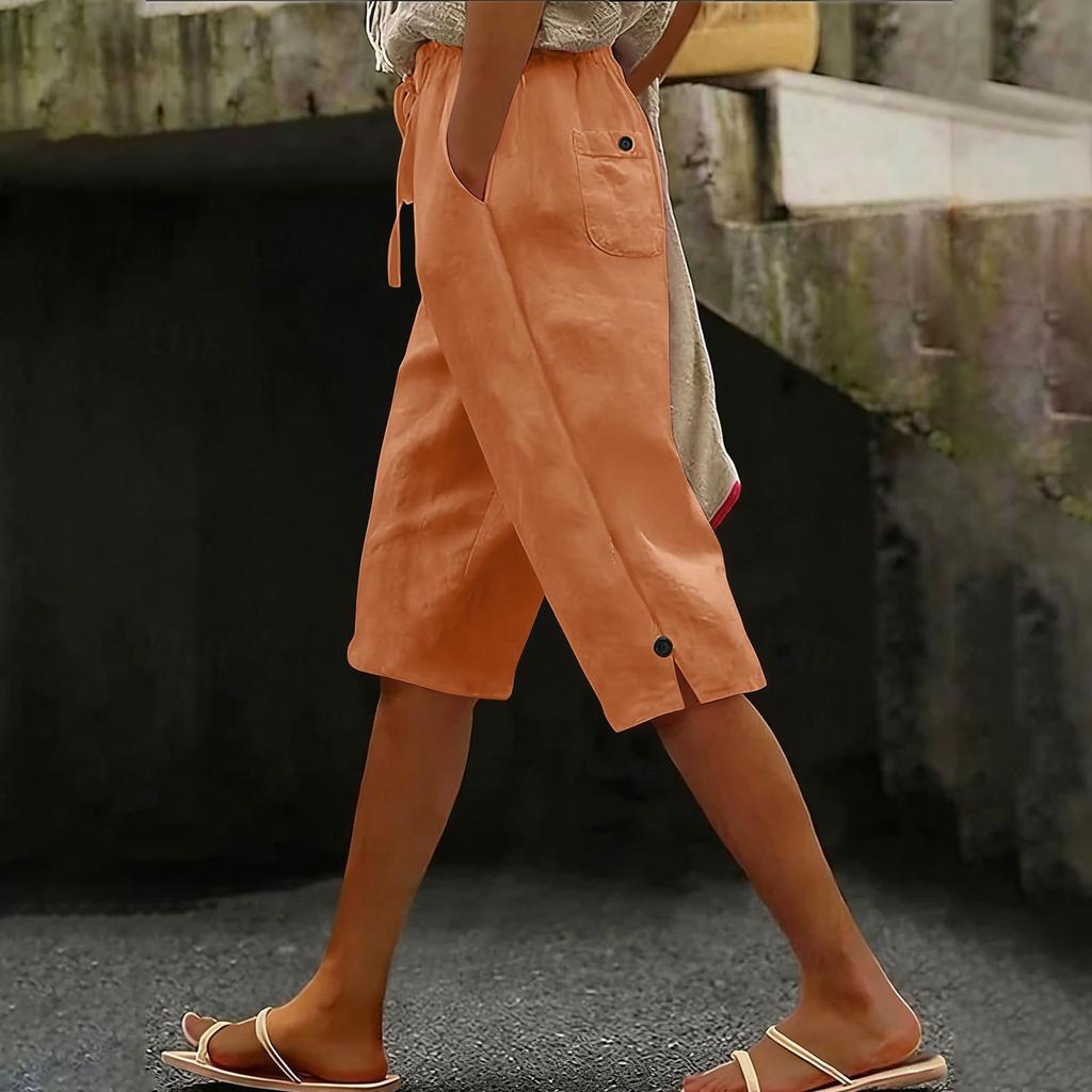 Women’s Loose Fit Linen Cropped Pants with Elastic Waistband and Side Pocket Casual Wide Leg Trousers