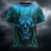 Glowing Blue Demon Skull Horn 3D All Over Print Short Sleeve T-Shirt Casual Street Top