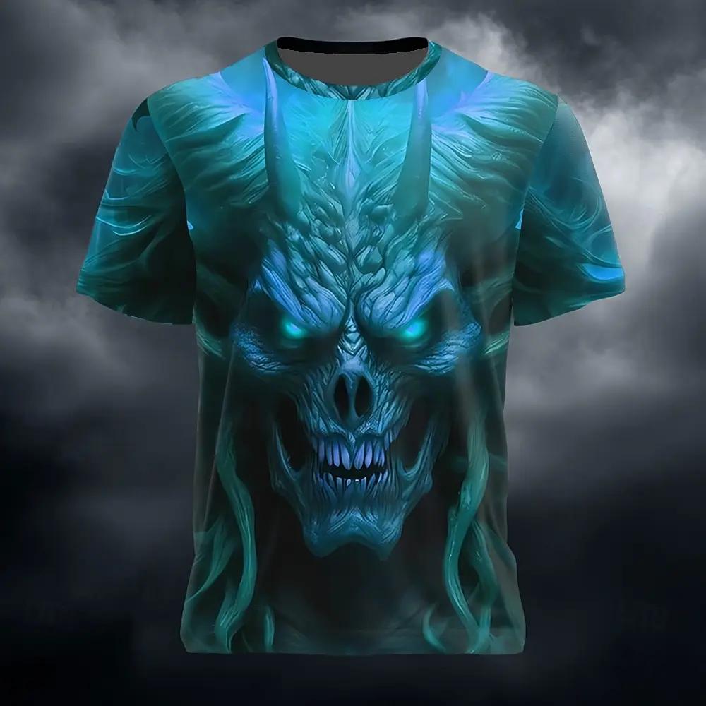 Glowing Blue Demon Skull Horn 3D All Over Print Short Sleeve T-Shirt Casual Street Top