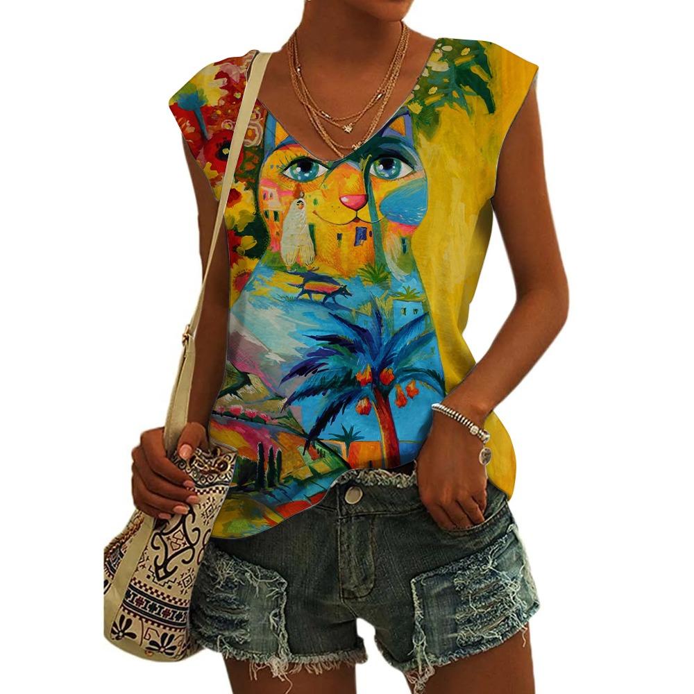 Women's Sleeveless T-shirts 3d Abstract Cat Print Vest Loose V-Neck T-shirts & Blouse Summer Breathable Basic Tops Tees