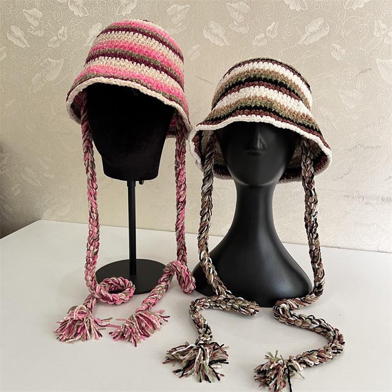 

Autumn and winter rainbow hat handmade crochet contrasting basin hat bucket hat striped knitted hat fringed ear protector fisherman M（56-58cm） рожевий