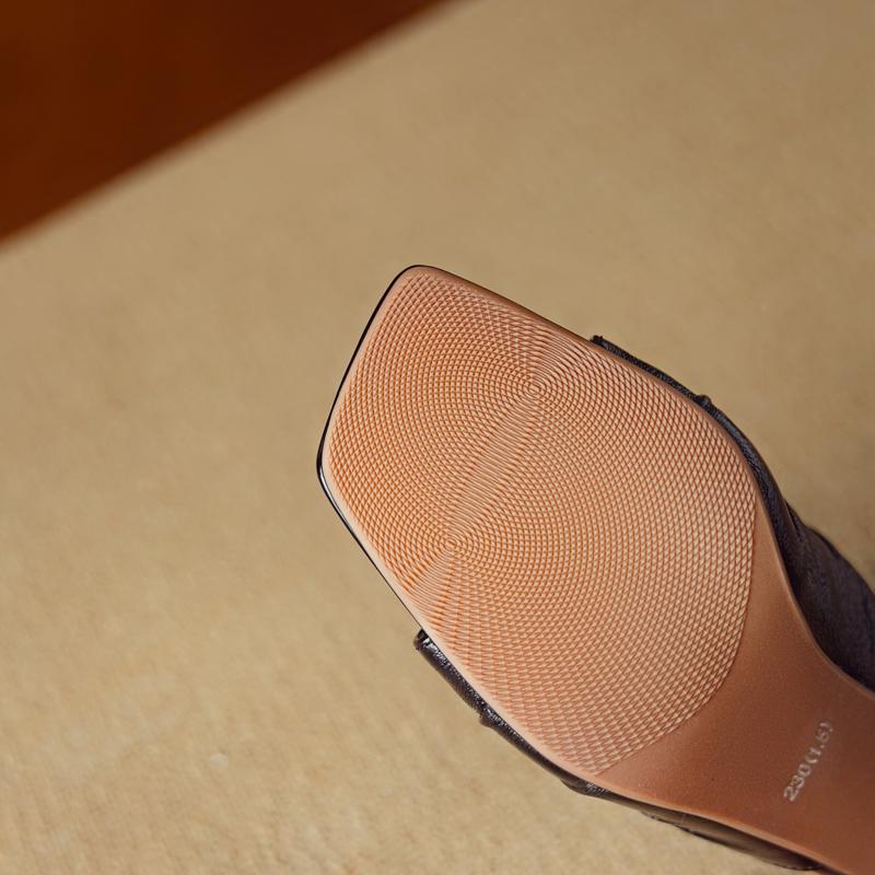 Fashion Women's New Summer Leather Cowhide Bow Elastic Band with Exposed Toes, Breathable High Heels, Square Toe Fashion Slippers