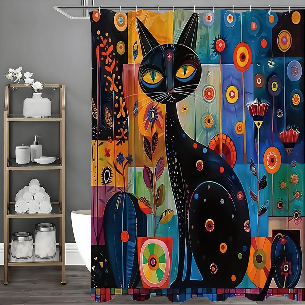 Creative Art Color Block Black Cat Shower Curtain Washable Dirt-Resistant Shower Head Waterproof Polyester Bath Curtain