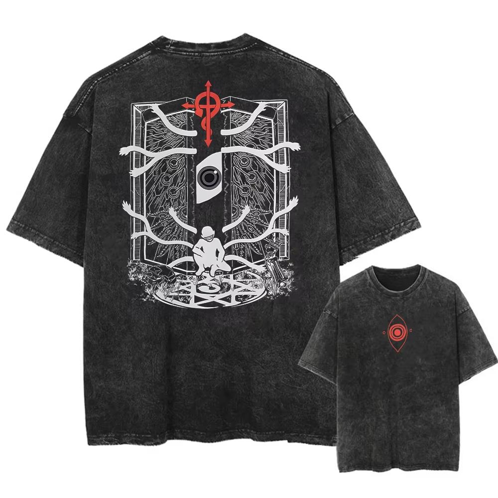 Vintage Men's T-shirt Japanese Anime Graphic Print Harajuku Streetwear Washed Short Sleeve T-Shirt Men Tops