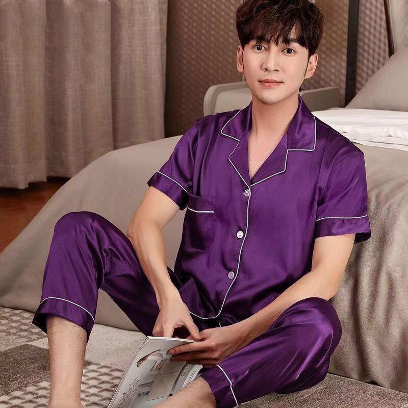GMXIA Spring and Autumn Men's Pajamas, Long Sleeves and Long Pants, Thin Ice Silk, Teen Home Wear, Silk Set, Plus-size