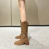 Embroidered Western Cowboy Boots Coarse Heel V Mouth Hole Knight Boots Vintage Size Breathable Women's Boots - Fat