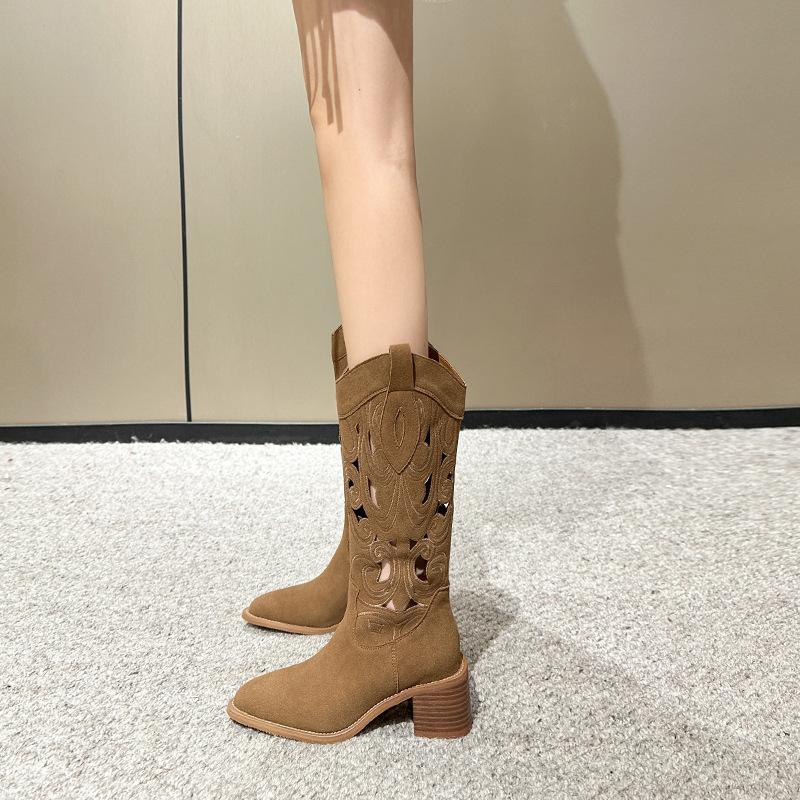 Embroidered Western Cowboy Boots Coarse Heel V Mouth Hole Knight Boots Vintage Size Breathable Women's Boots - Fat