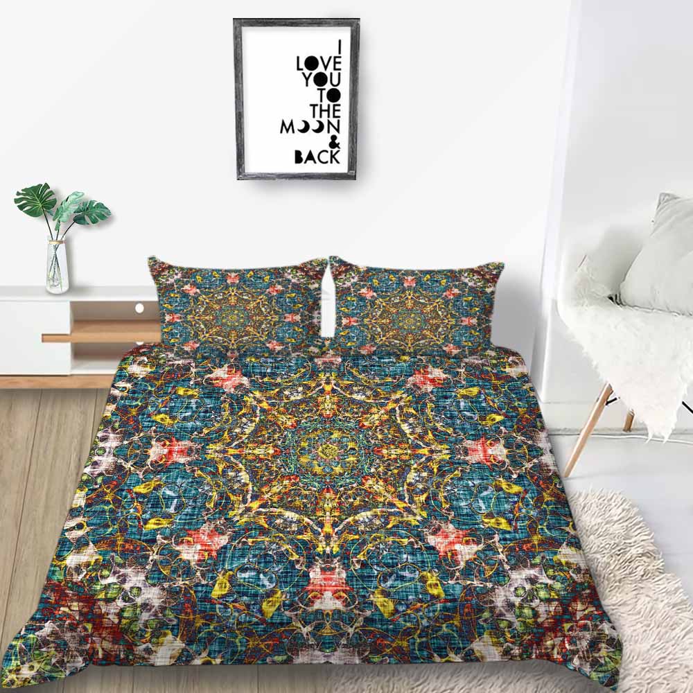 3D Böhmischer Quiltbezug Kissenbezug 2 oder 3 Mantra-Druck Bettwäschesets Einzelbett Doppelbett Volle Größe Waschbar Superweich Reißverschluss Bettwäsche