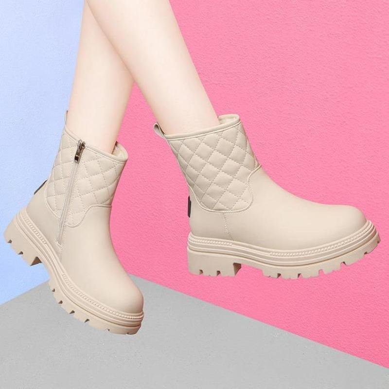 Fashion Leather Waterproof Chunky Women's Snow Boots Winter Fleece-lined Booties Trend 2025 Sale Fashion Plush Warm Luxury Ladies Shoes